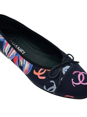 CHANEL NAVY BLUE MULTI CC LOGO PRINTED BOW DETAIL CAP TOE SATIN BALLERINA BALLET